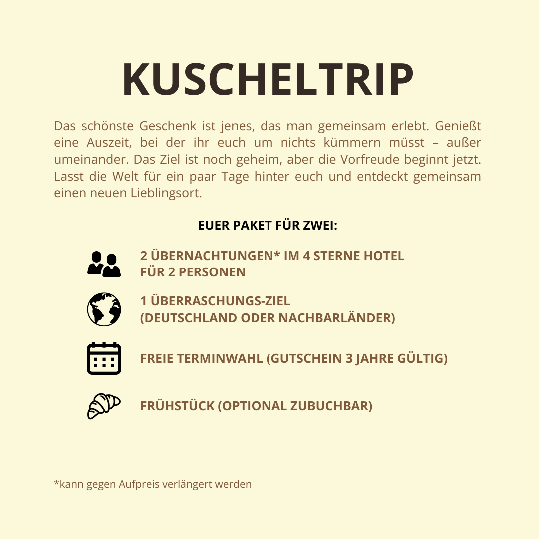 Kuscheltrip Geschenkbox | 3 Tage Überraschungs-Kurzurlaub für 2 Personen