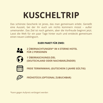 Kuscheltrip Geschenkbox | 3 Tage Überraschungs-Kurzurlaub für 2 Personen